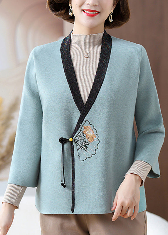 Fine Blue V Neck Print Knit Cardigans Spring