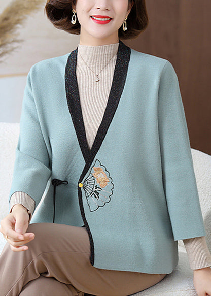 Fine Blue V Neck Print Knit Cardigans Spring