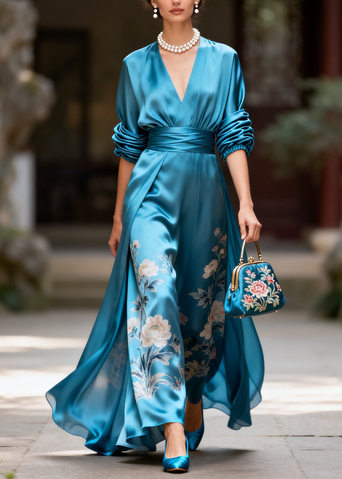 Fine Blue V Neck Print Silk Maxi Dress Long Sleeve