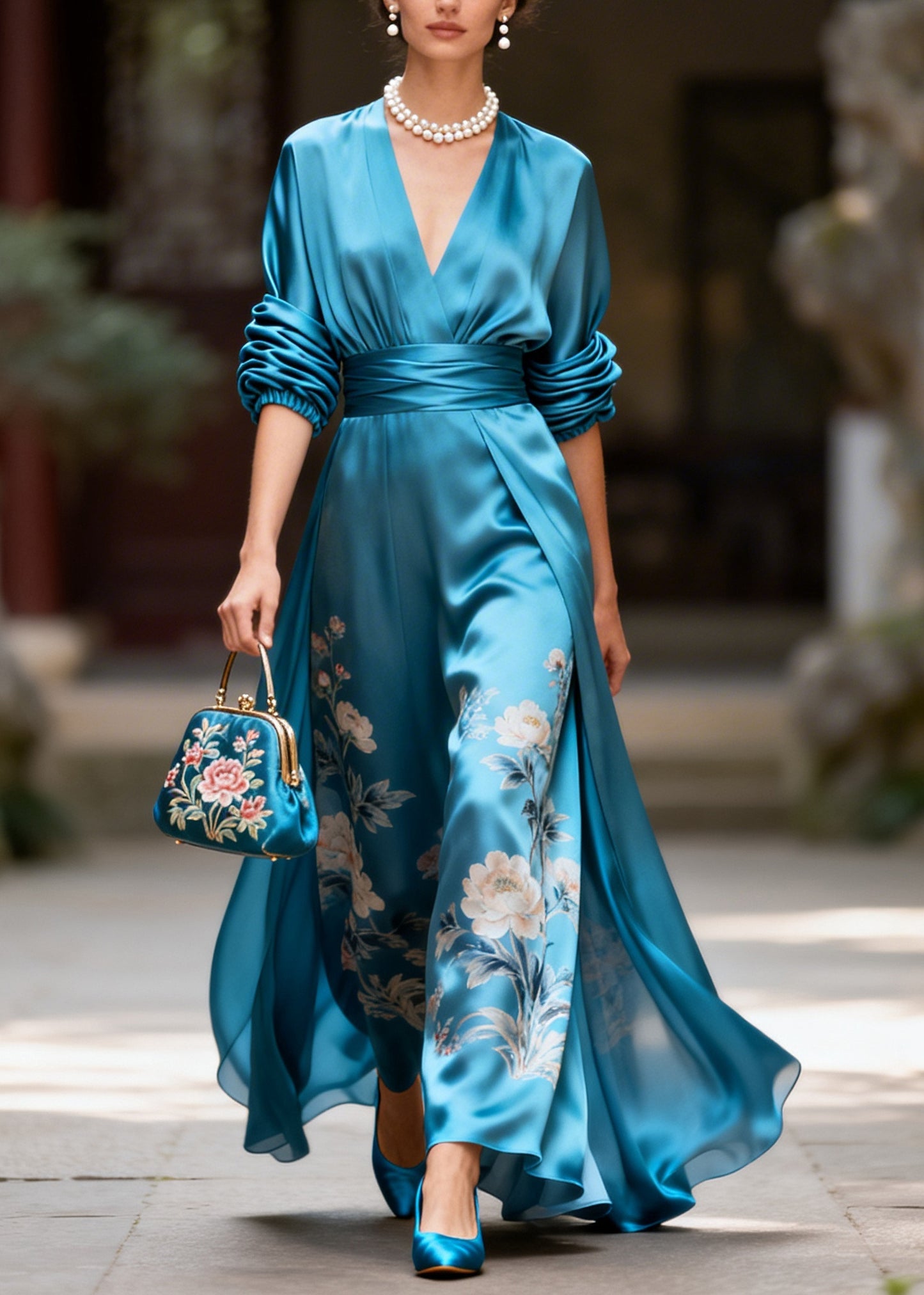 Fine Blue V Neck Print Silk Maxi Dress Long Sleeve