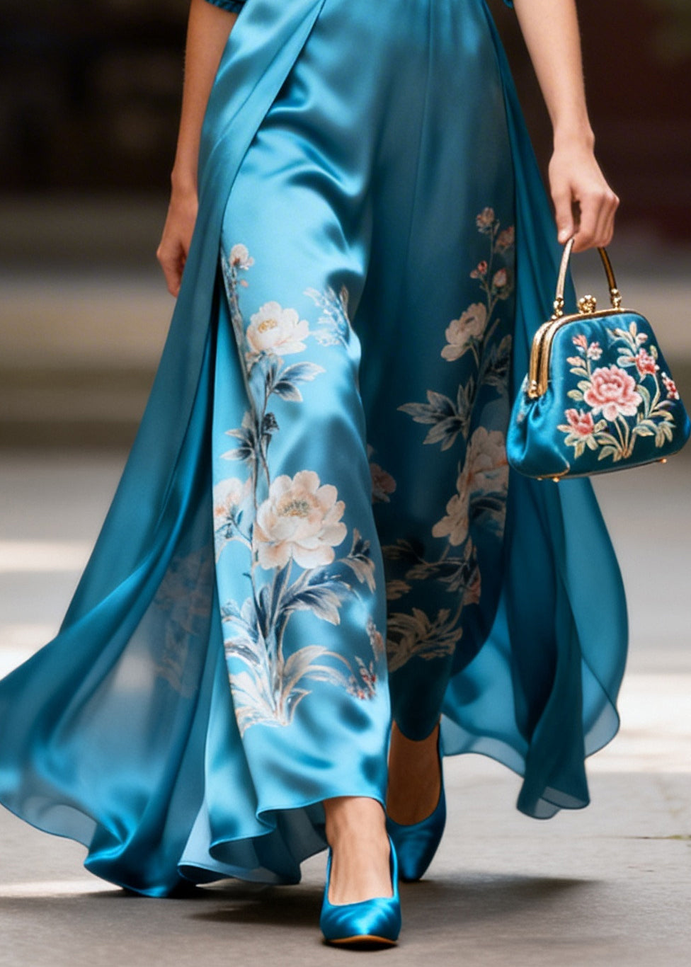 Fine Blue V Neck Print Silk Maxi Dress Long Sleeve