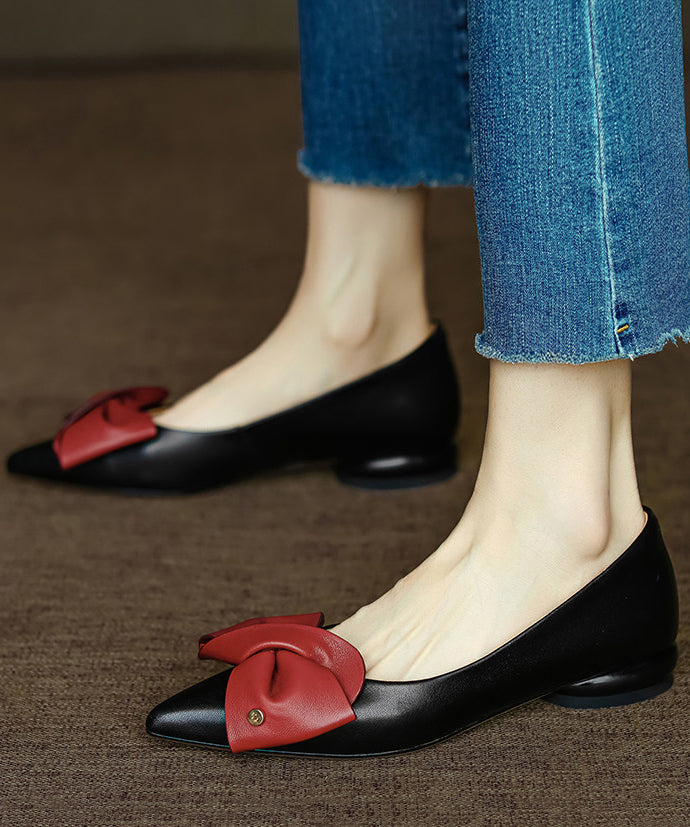 Fine Bow Pointed Toe Flat Feet Shoes Black Faux Leather