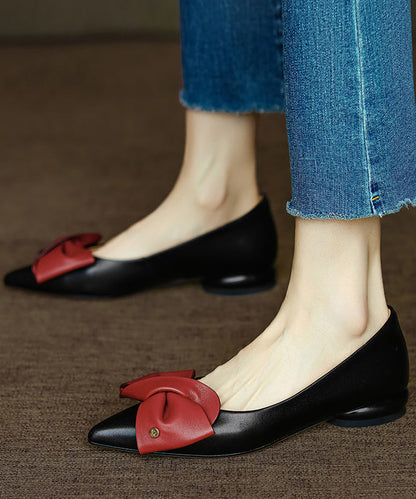 Fine Bow Pointed Toe Flat Feet Shoes Black Faux Leather