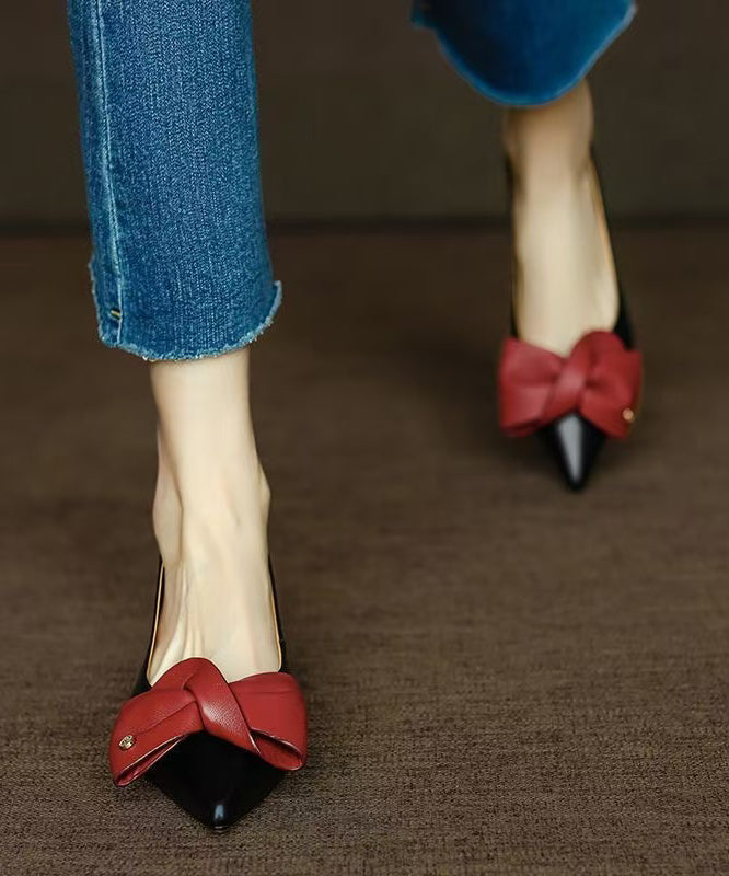 Fine Bow Pointed Toe Flat Feet Shoes Black Faux Leather