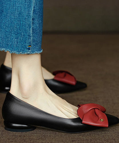 Fine Bow Pointed Toe Flat Feet Shoes Black Faux Leather