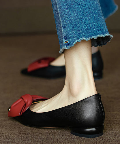 Fine Bow Pointed Toe Flat Feet Shoes Black Faux Leather