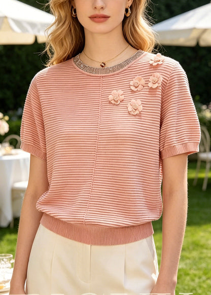 Fine Brick Red Striped Flower Knit Shirts Summer