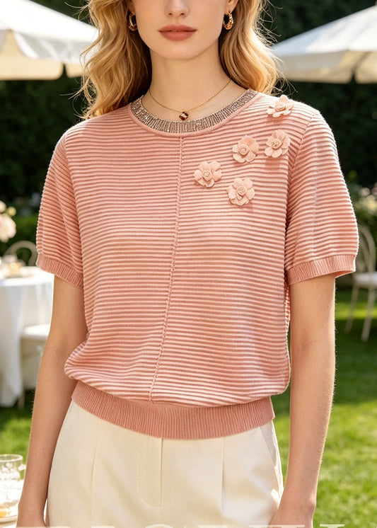 Fine Brick Red Striped Flower Knit Shirts Summer