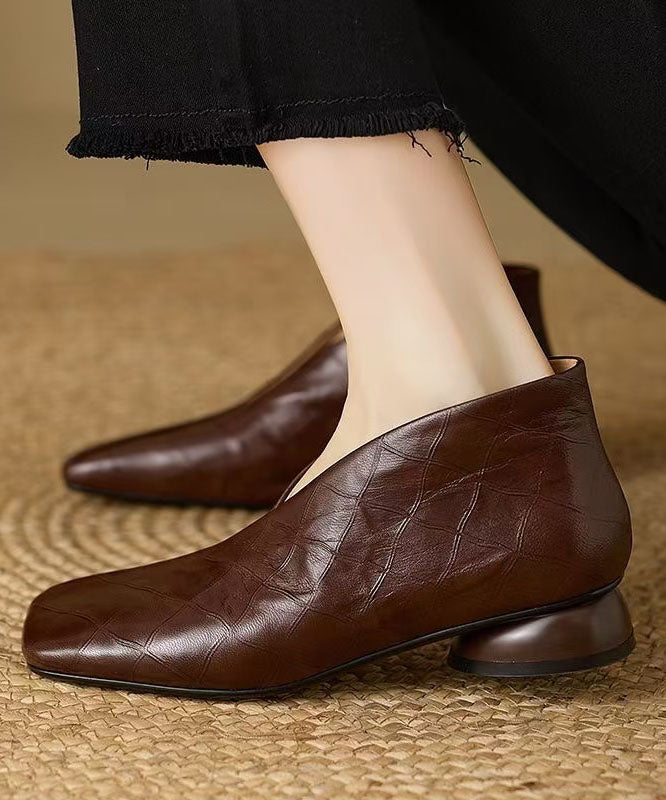 Fine Brown Ankle Boots Cowhide Leather Square Toe
