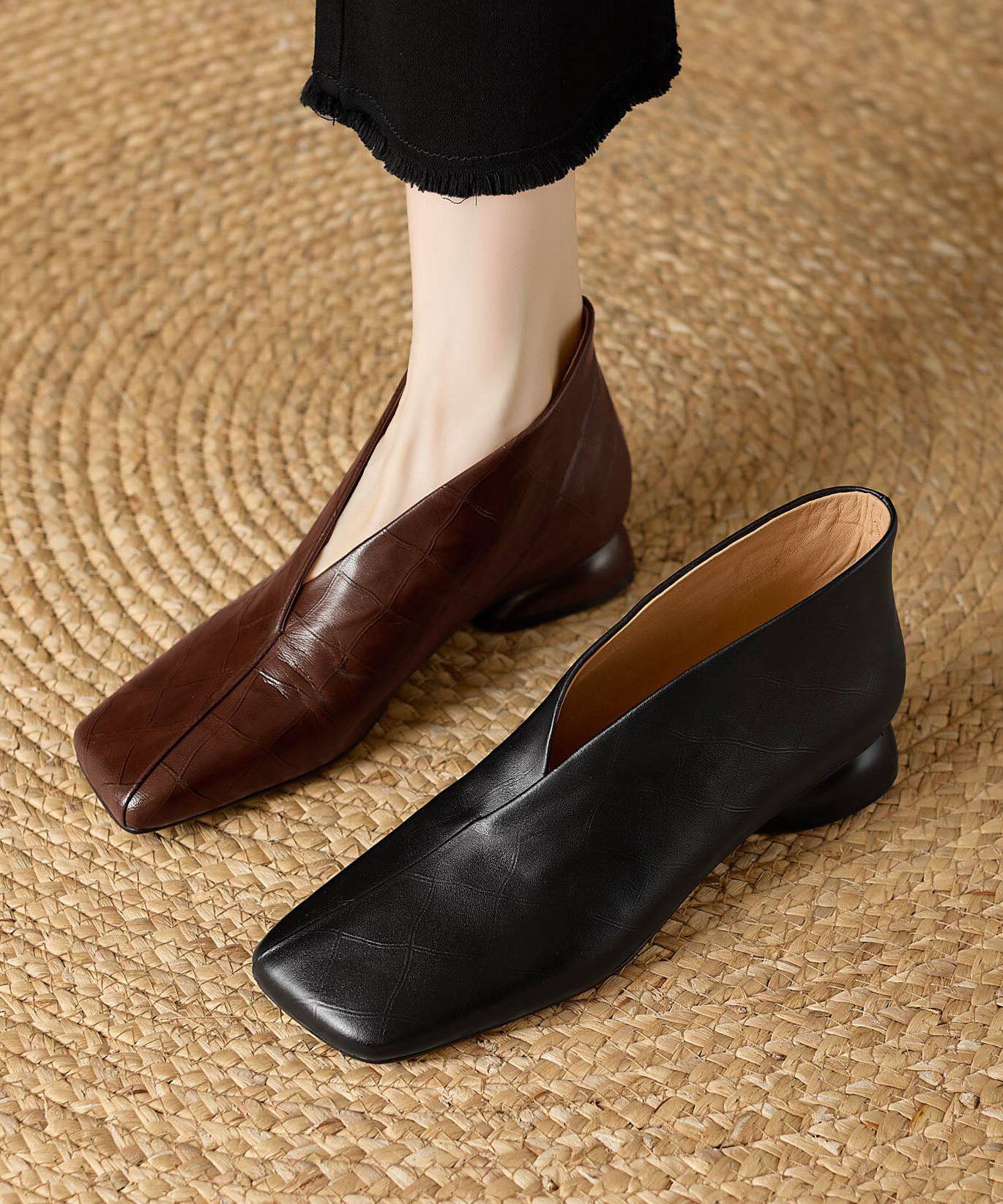 Fine Brown Ankle Boots Cowhide Leather Square Toe