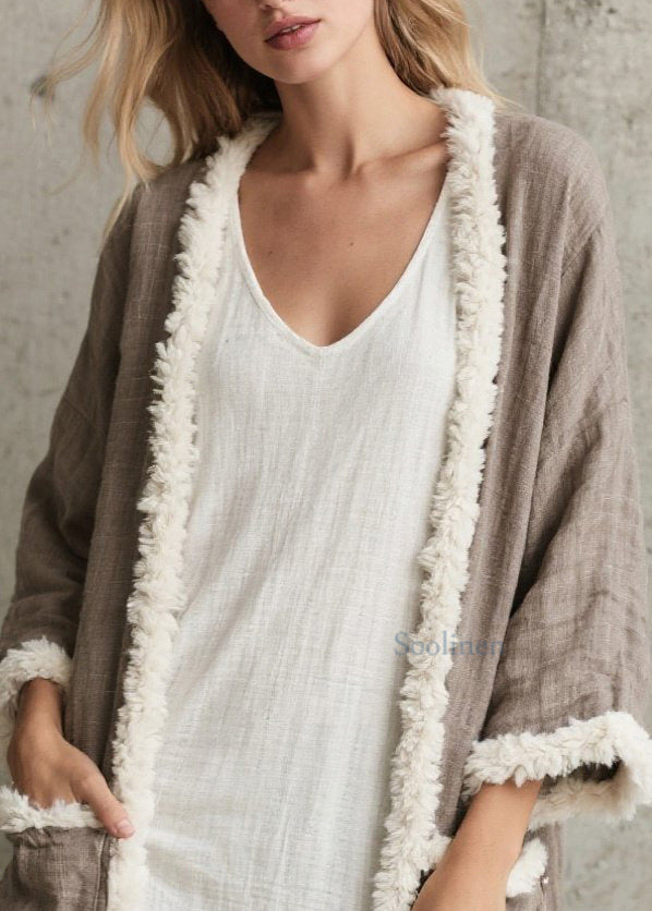 Fine Brown Oversized Patchwork Faux Fur Cardigan Spring