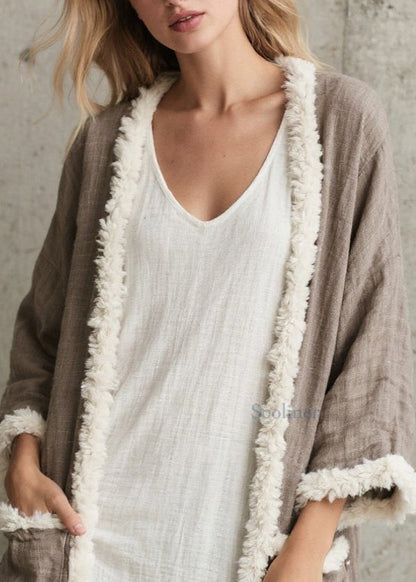 Fine Brown Oversized Patchwork Faux Fur Cardigan Spring