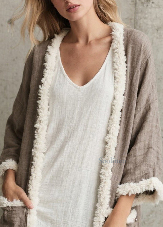 Fine Brown Oversized Patchwork Faux Fur Cardigan Spring
