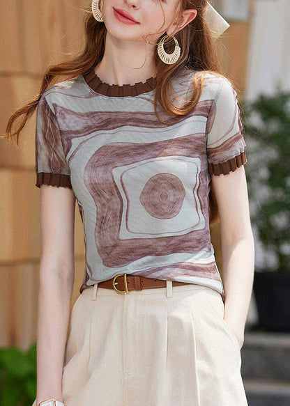 Fine Brown Ruffled Print Chiffon Tanks Summer