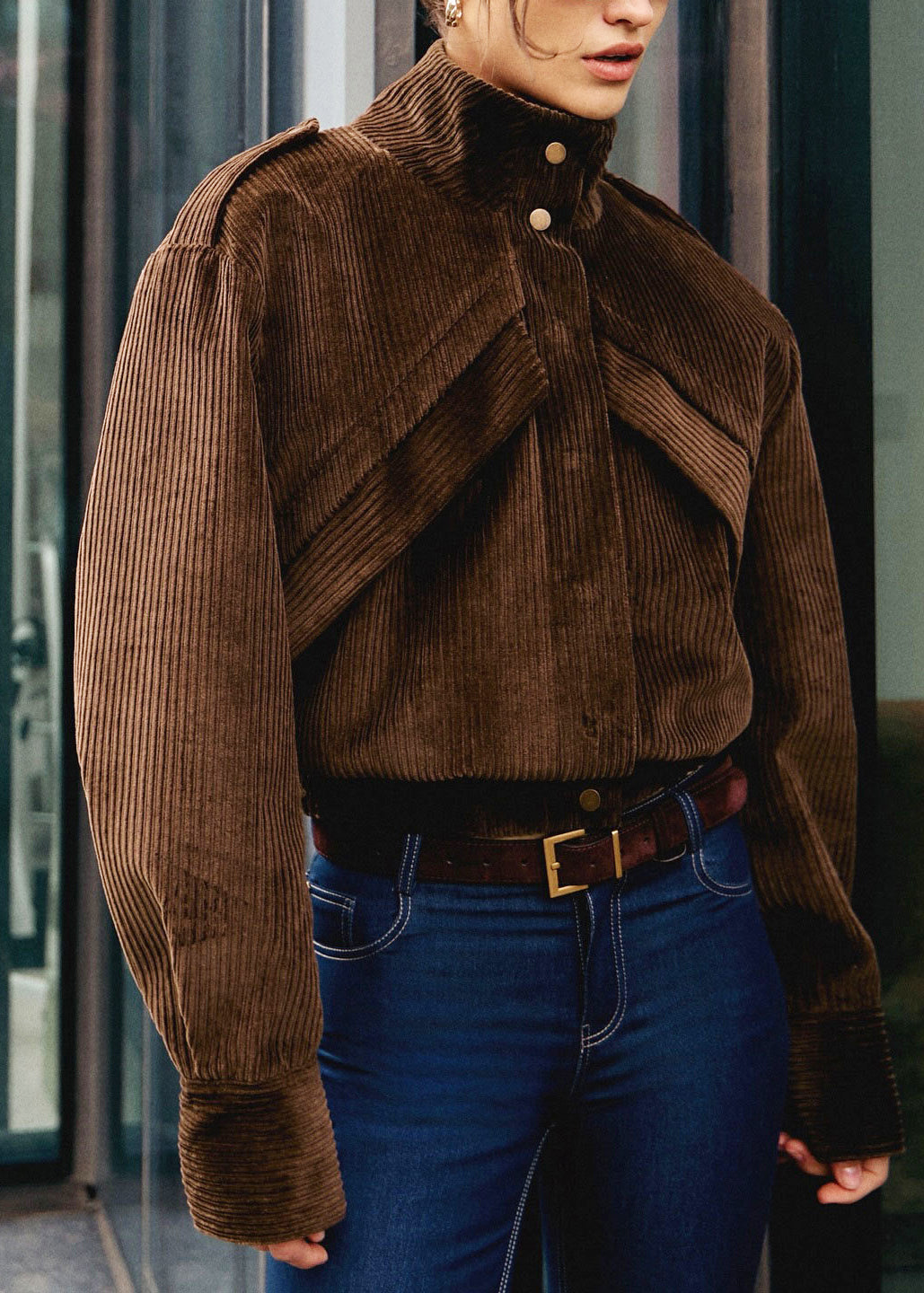 Fine Brown Stand Collar Pockets Corduroy Coat Fall