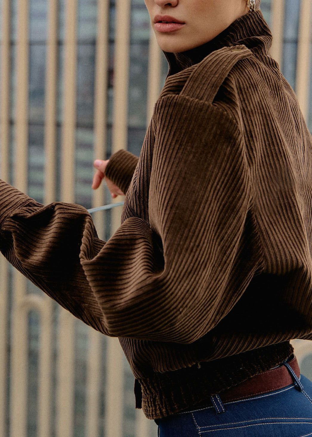 Fine Brown Stand Collar Pockets Corduroy Coat Fall