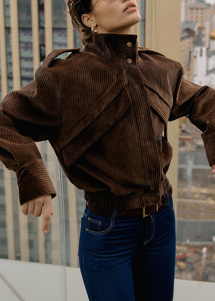 Fine Brown Stand Collar Pockets Corduroy Coat Fall
