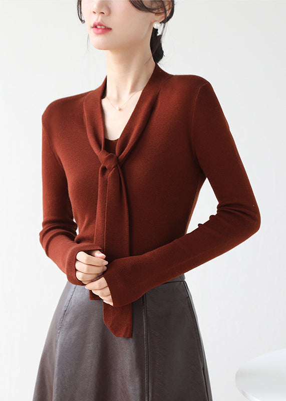 Fine Brown V Neck Lace Up Knit Sweater Spring Winter