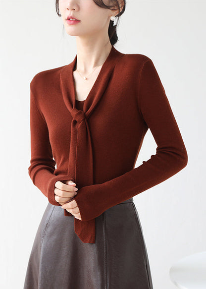 Fine Brown V Neck Lace Up Knit Sweater Spring Winter