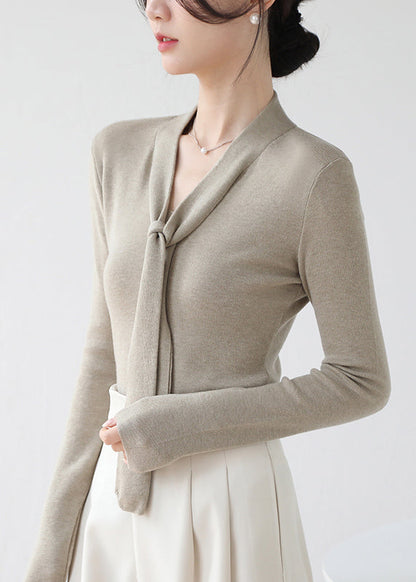 Fine Brown V Neck Lace Up Knit Sweater Spring Winter