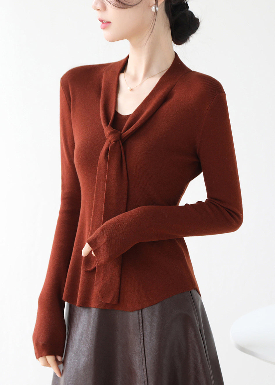 Fine Brown V Neck Lace Up Knit Sweater Spring Winter