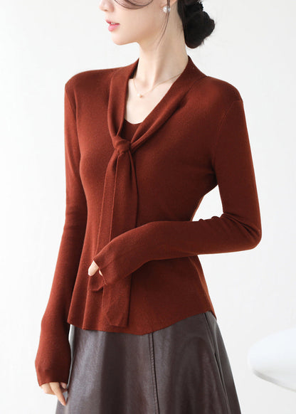 Fine Brown V Neck Lace Up Knit Sweater Spring Winter