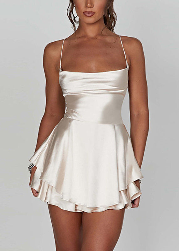 Fine Champagne Double-Layer Solid Mini Spaghetti Strap Dress Summer