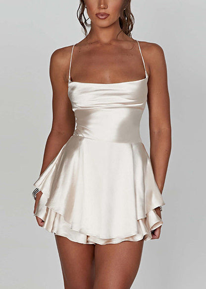 Fine Champagne Double-Layer Solid Mini Spaghetti Strap Dress Summer