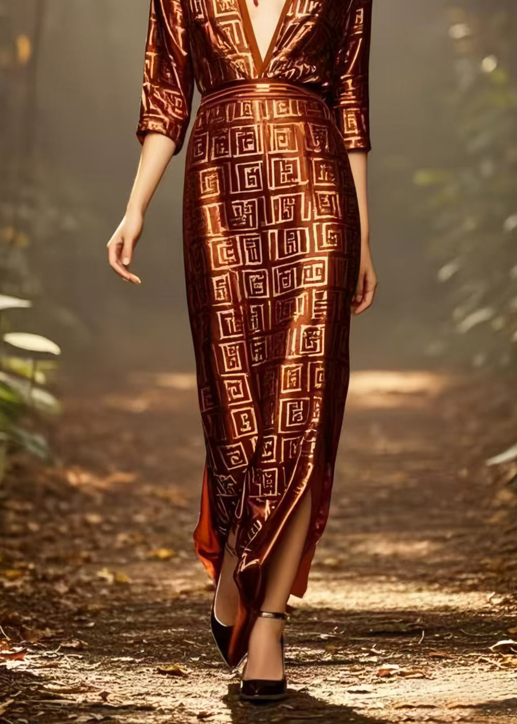 Fine Chocolate Deep-V Neck Print Draping Silk Dress Bracelet Sleeve