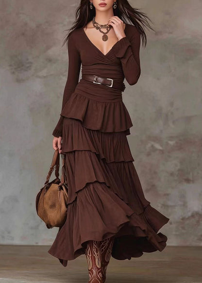 Fine Chocolate V Neck Layered Maxi Dress Long Sleeve