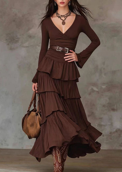 Fine Chocolate V Neck Layered Maxi Dress Long Sleeve