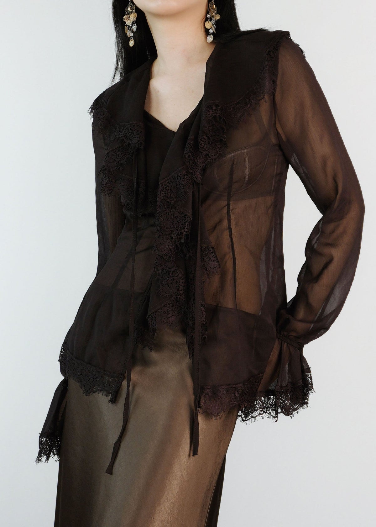 Fine Coffee Lace Patchwork Chiffon Shirts Flare Sleeve