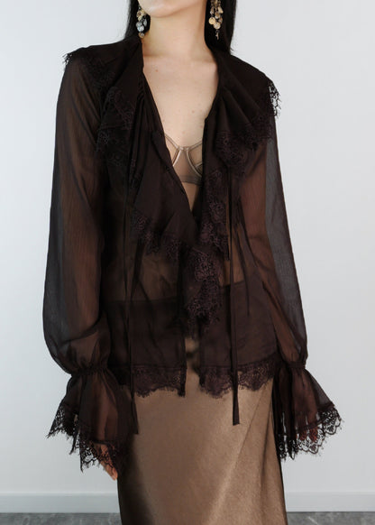 Fine Coffee Lace Patchwork Chiffon Shirts Flare Sleeve