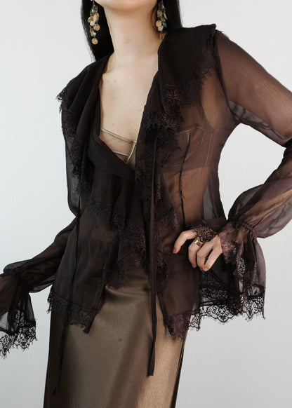 Fine Coffee Lace Patchwork Chiffon Shirts Flare Sleeve