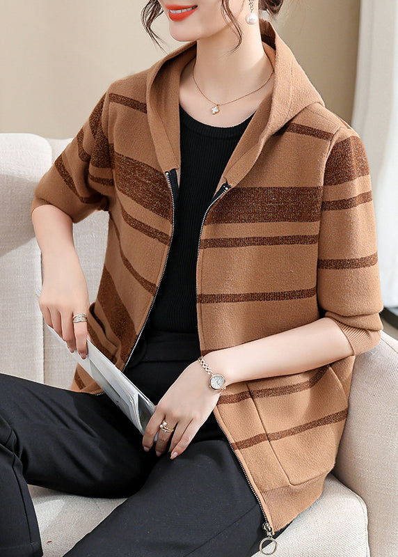 Fine Coffee Striped Patchwork Cotton Knit Hooded Cardigans Spring