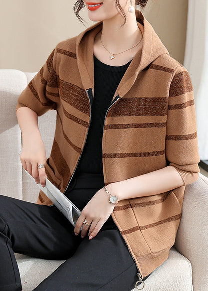 Fine Coffee Striped Patchwork Cotton Knit Hooded Cardigans Spring