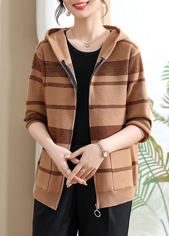 Fine Coffee Striped Patchwork Cotton Knit Hooded Cardigans Spring