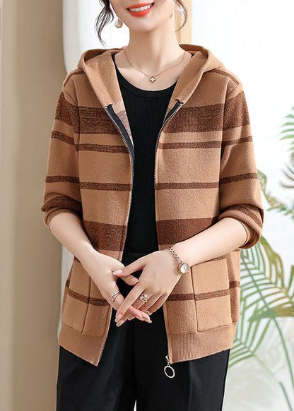 Fine Coffee Striped Patchwork Cotton Knit Hooded Cardigans Spring