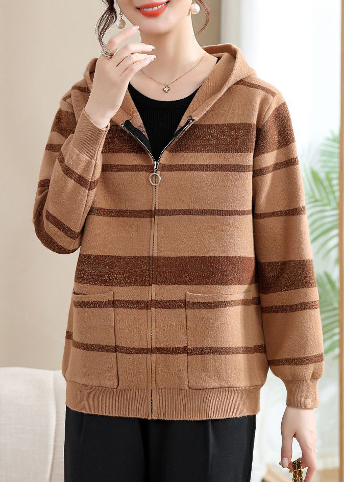 Fine Coffee Striped Patchwork Cotton Knit Hooded Cardigans Spring