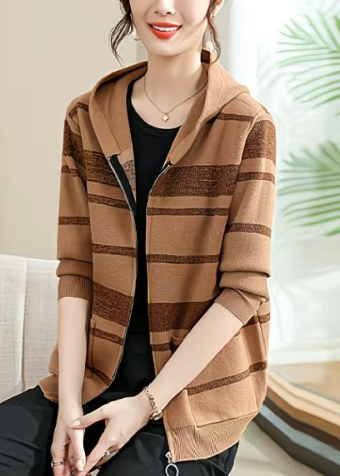 Fine Coffee Striped Patchwork Cotton Knit Hooded Cardigans Spring