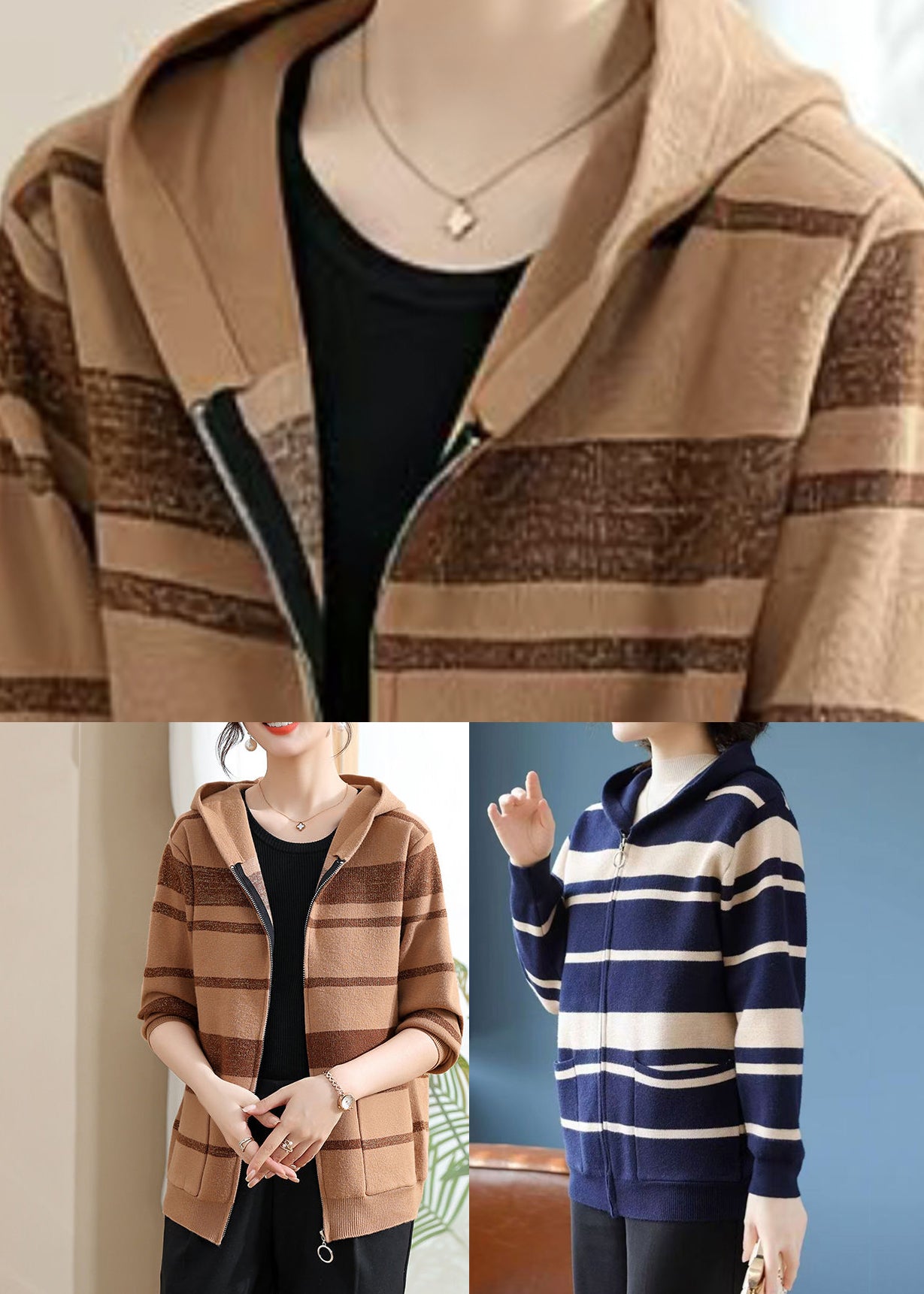 Fine Coffee Striped Patchwork Cotton Knit Hooded Cardigans Spring