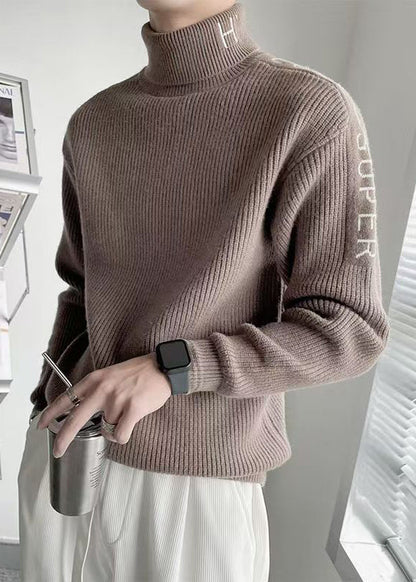Fine Coffee Turtleneck Letter Thick Knit Sweater Men Winter