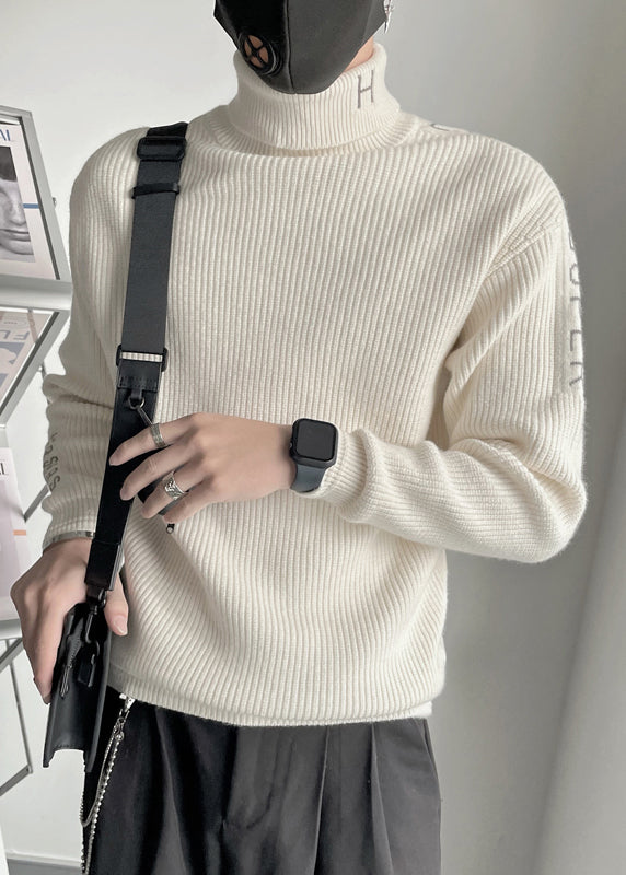 Fine Coffee Turtleneck Letter Thick Knit Sweater Men Winter
