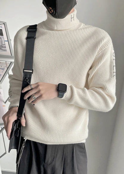 Fine Coffee Turtleneck Letter Thick Knit Sweater Men Winter