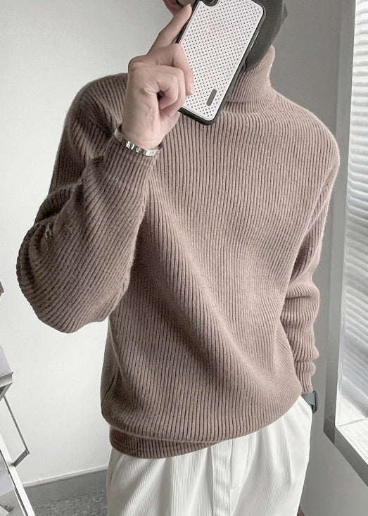 Fine Coffee Turtleneck Letter Thick Knit Sweater Men Winter