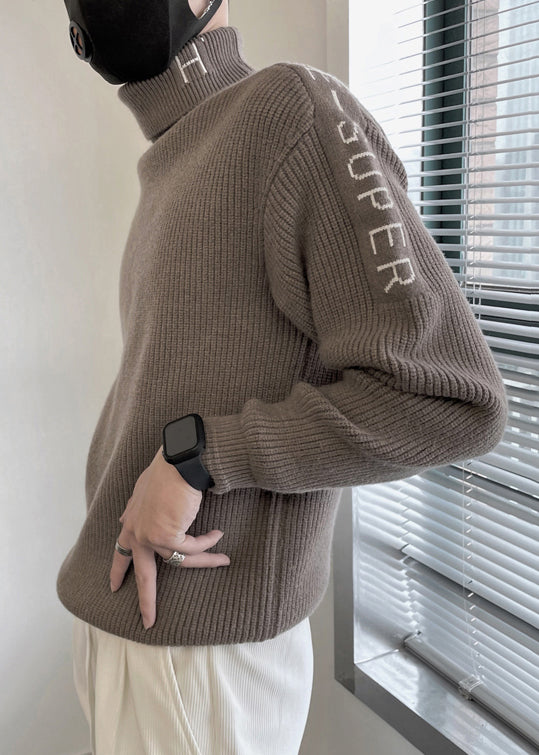 Fine Coffee Turtleneck Letter Thick Knit Sweater Men Winter