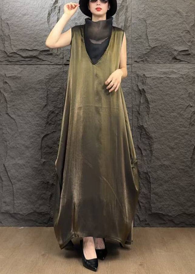 Fine Coffee Turtleneck Patchwork Silk Long Dress Sleeveless