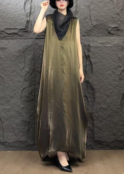 Fine Coffee Turtleneck Patchwork Silk Long Dress Sleeveless