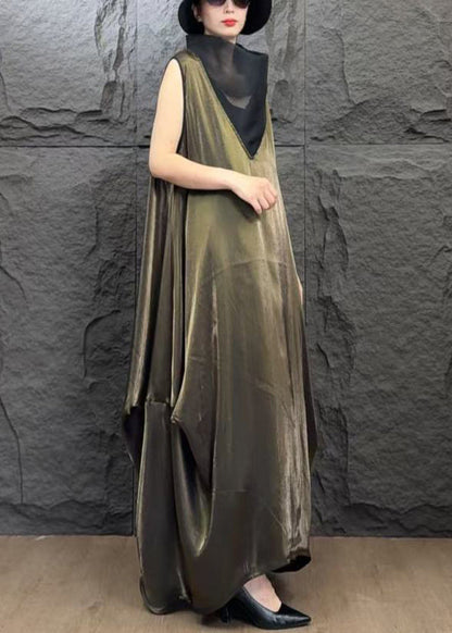 Fine Coffee Turtleneck Patchwork Silk Long Dress Sleeveless