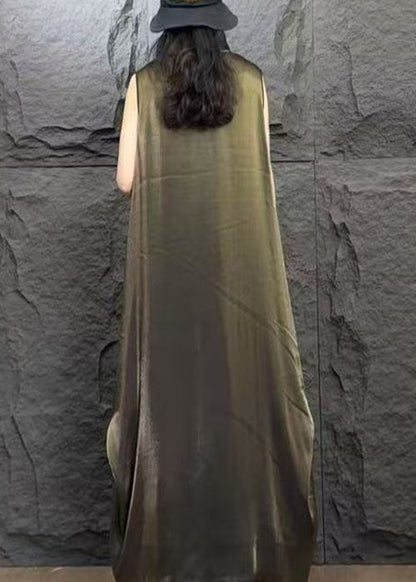 Fine Coffee Turtleneck Patchwork Silk Long Dress Sleeveless